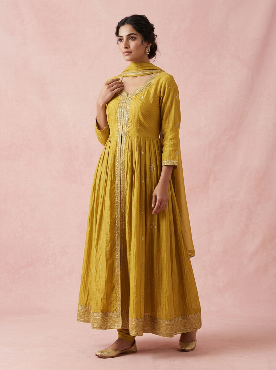 Mustard Chinon Pleated Anarkali